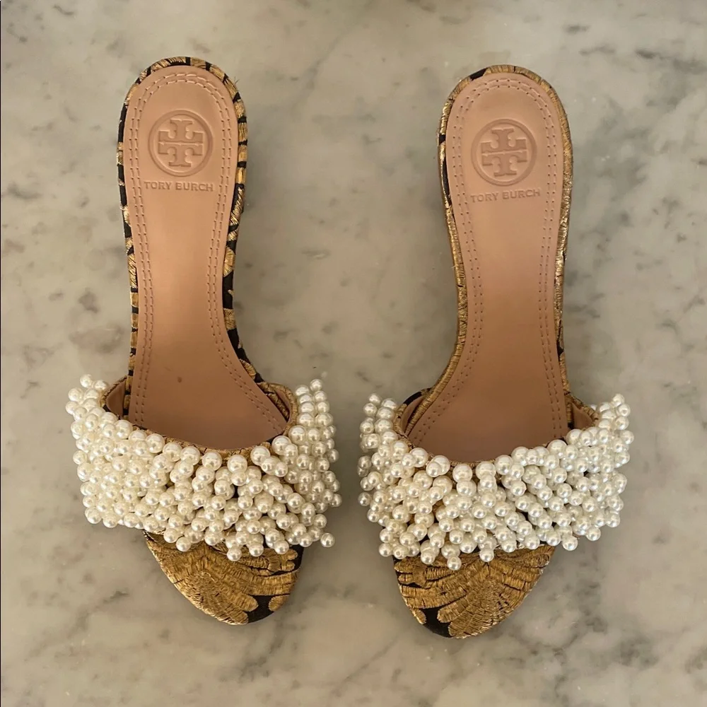 TORY BURCH Tatiana White Pearl Black Gold Brocade Slides Sandal 6M